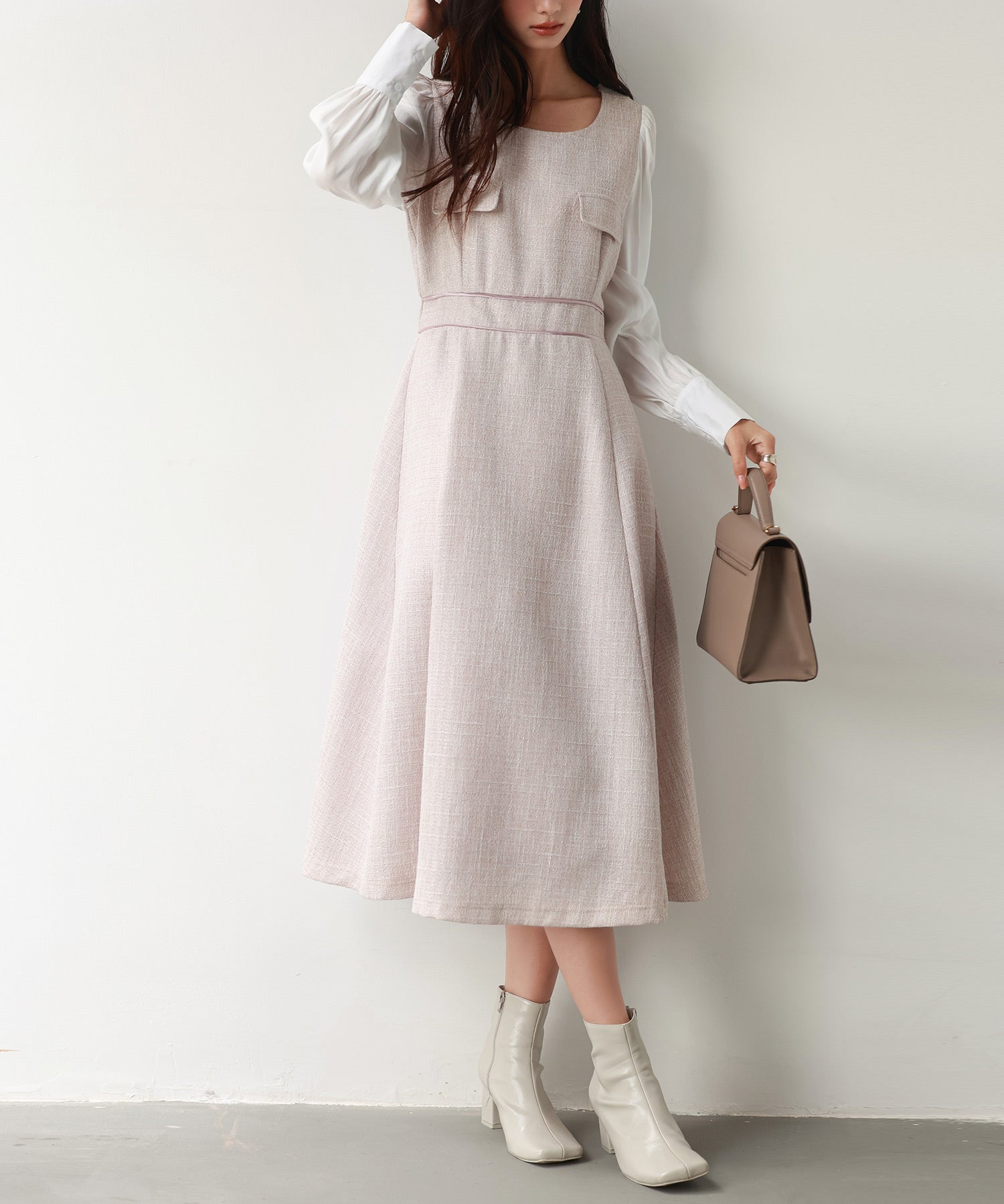 ラメツイードとシャツ袖がドッキングの異素材ワンピースsdp0111 ピンク