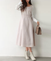 ラメツイードとシャツ袖がドッキングの異素材ワンピースsdp0111 ピンク