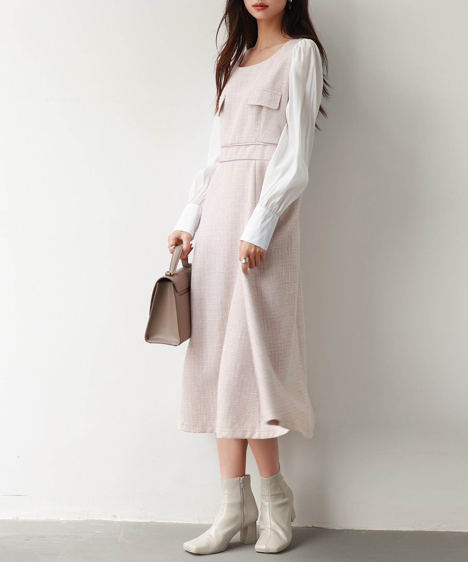 ラメツイードとシャツ袖がドッキングの異素材ワンピースsdp0111 ピンク