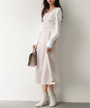 ラメツイードとシャツ袖がドッキングの異素材ワンピースsdp0111 ピンク