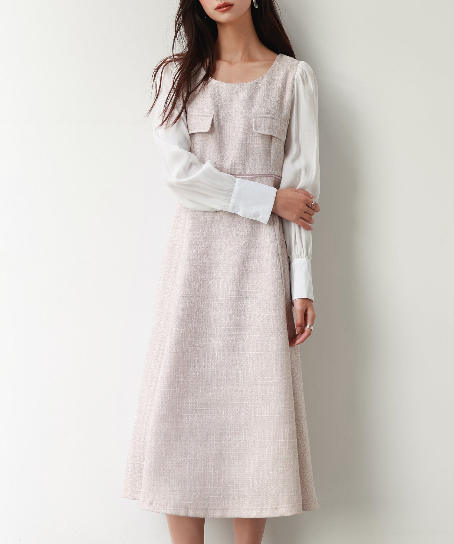 ラメツイードとシャツ袖がドッキングの異素材ワンピースsdp0111 ピンク