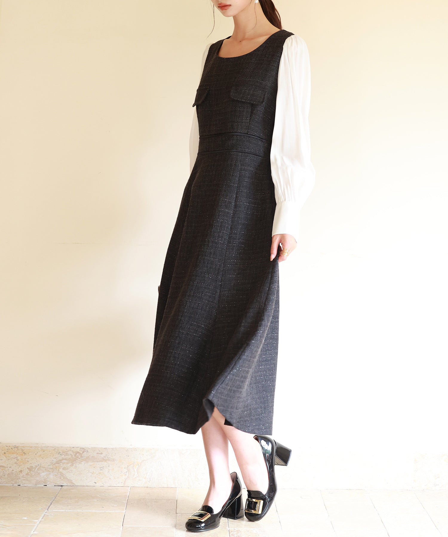 ラメツイードとシャツ袖がドッキングの異素材ワンピースsdp0111-102-8