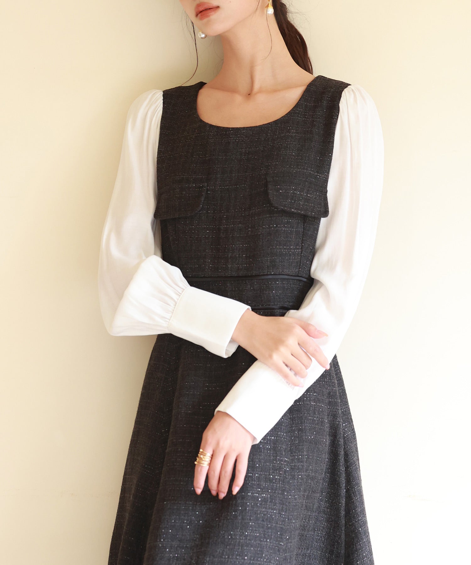 ラメツイードとシャツ袖がドッキングの異素材ワンピースsdp0111 ブラック