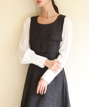 ラメツイードとシャツ袖がドッキングの異素材ワンピースsdp0111 ブラック