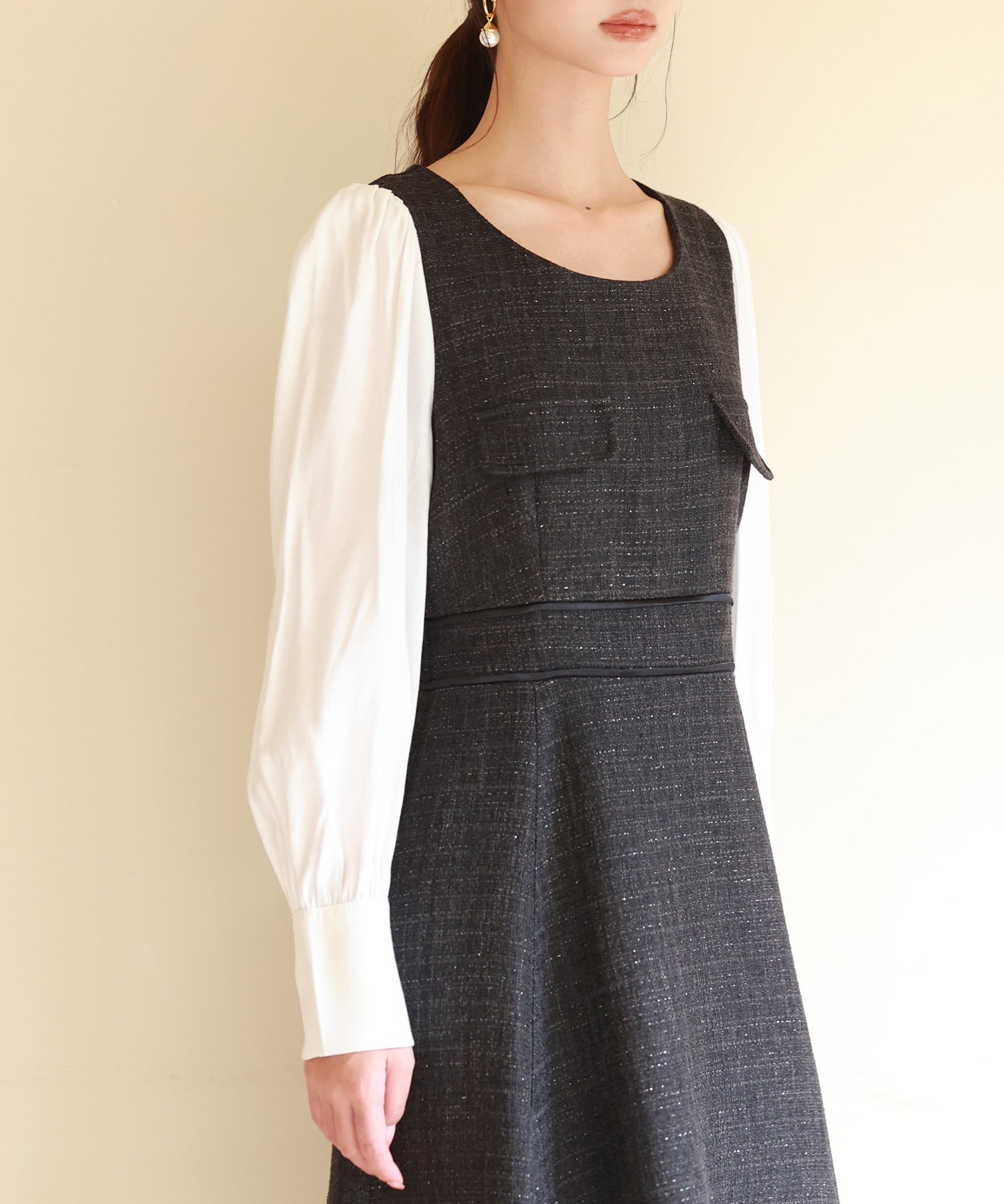 ラメツイードとシャツ袖がドッキングの異素材ワンピースsdp0111 ブラック