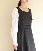 ラメツイードとシャツ袖がドッキングの異素材ワンピースsdp0111 ブラック