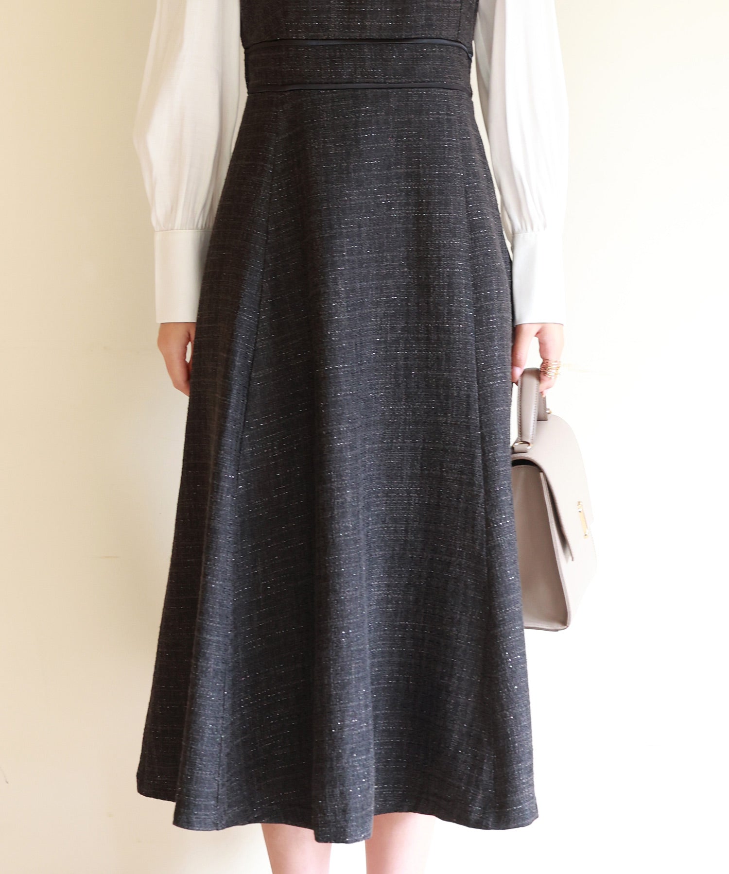 ラメツイードとシャツ袖がドッキングの異素材ワンピースsdp0111 ブラック