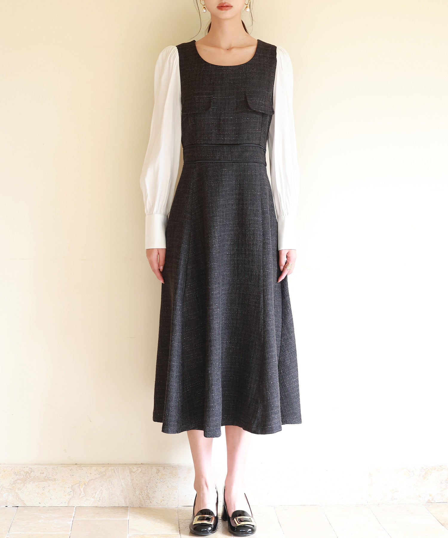 ラメツイードとシャツ袖がドッキングの異素材ワンピースsdp0111 ブラック