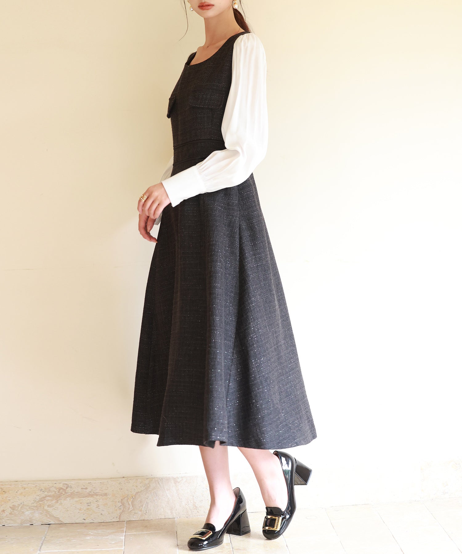 ラメツイードとシャツ袖がドッキングの異素材ワンピースsdp0111 ブラック