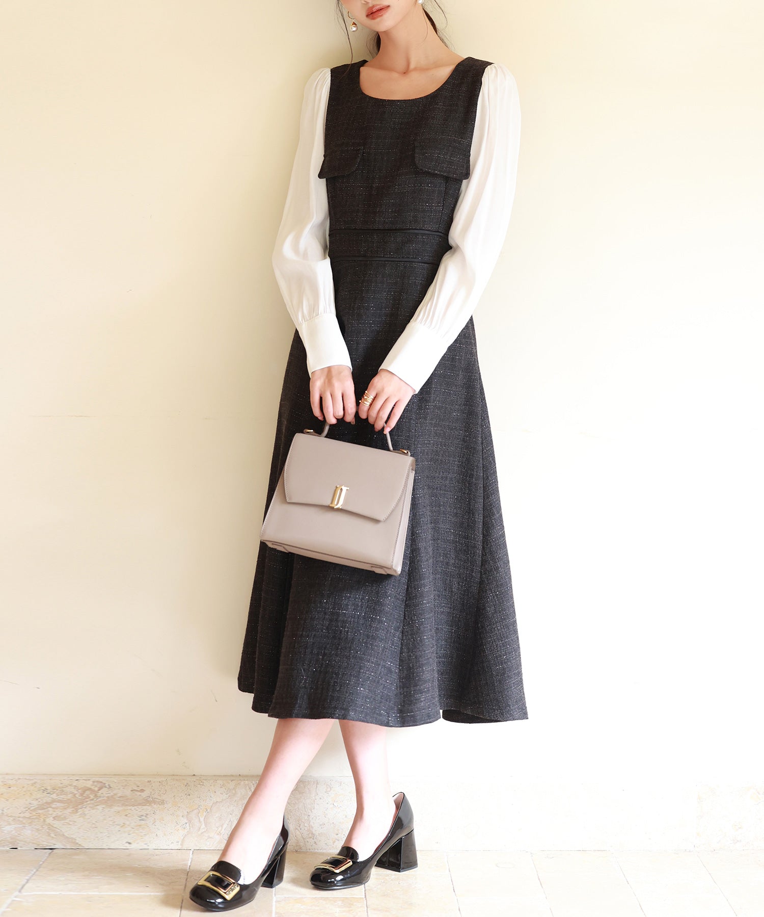 ラメツイードとシャツ袖がドッキングの異素材ワンピースsdp0111 ブラック