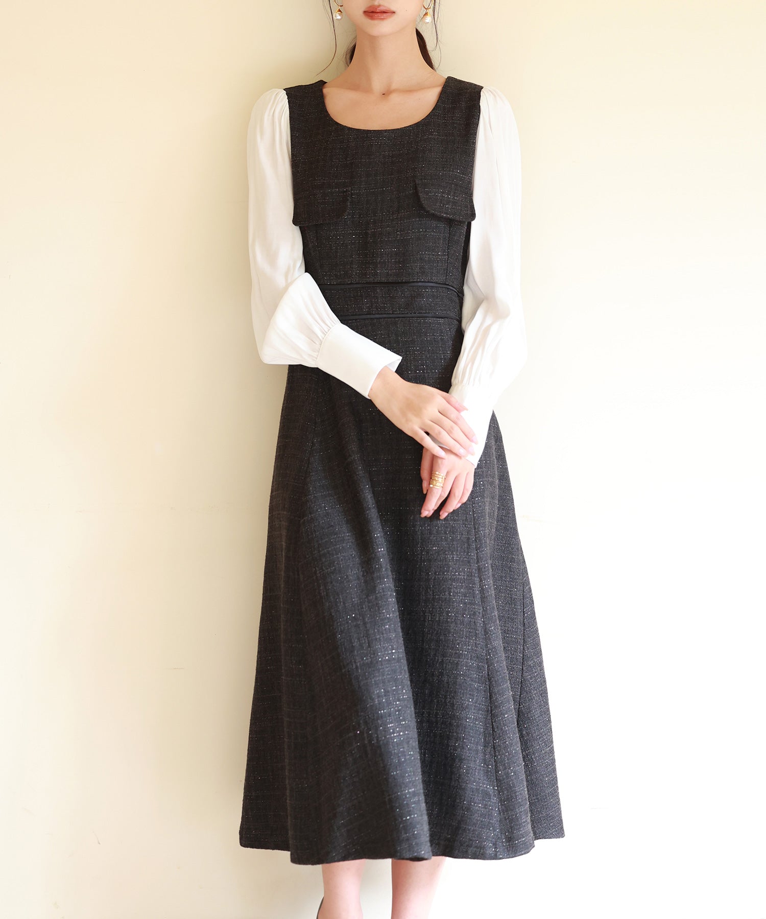 ラメツイードとシャツ袖がドッキングの異素材ワンピースsdp0111 ブラック