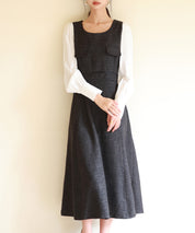 ラメツイードとシャツ袖がドッキングの異素材ワンピースsdp0111 ブラック