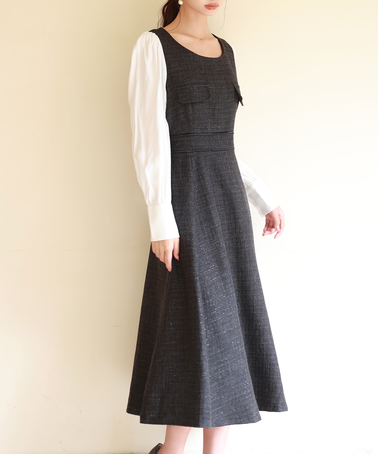 ラメツイードとシャツ袖がドッキングの異素材ワンピースsdp0111 ブラック