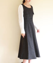 ラメツイードとシャツ袖がドッキングの異素材ワンピースsdp0111 ブラック