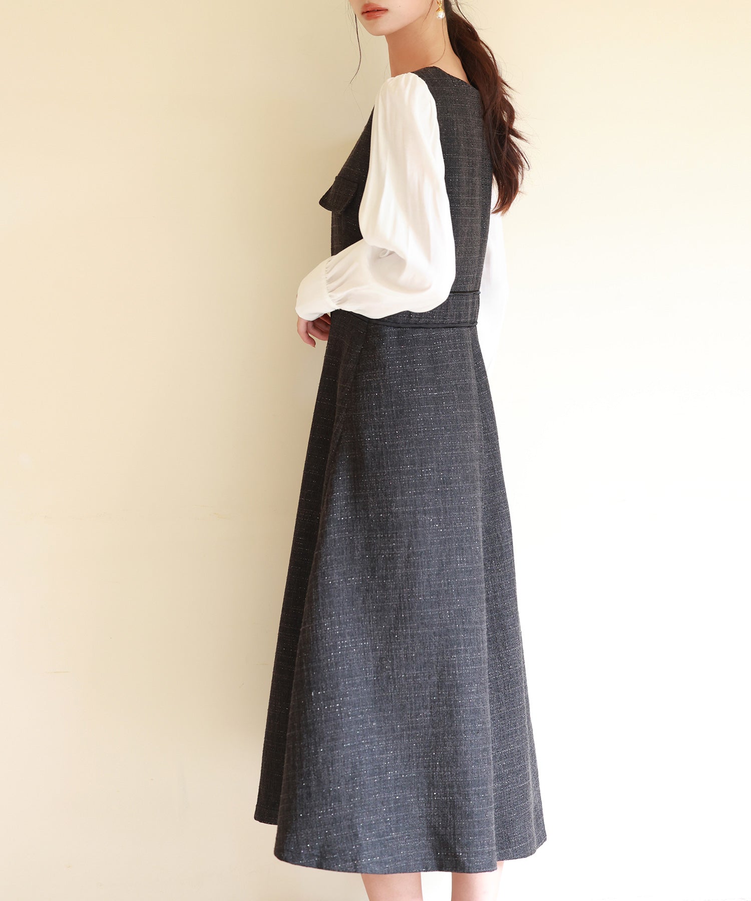 ラメツイードとシャツ袖がドッキングの異素材ワンピースsdp0111 ブラック