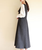 ラメツイードとシャツ袖がドッキングの異素材ワンピースsdp0111 ブラック