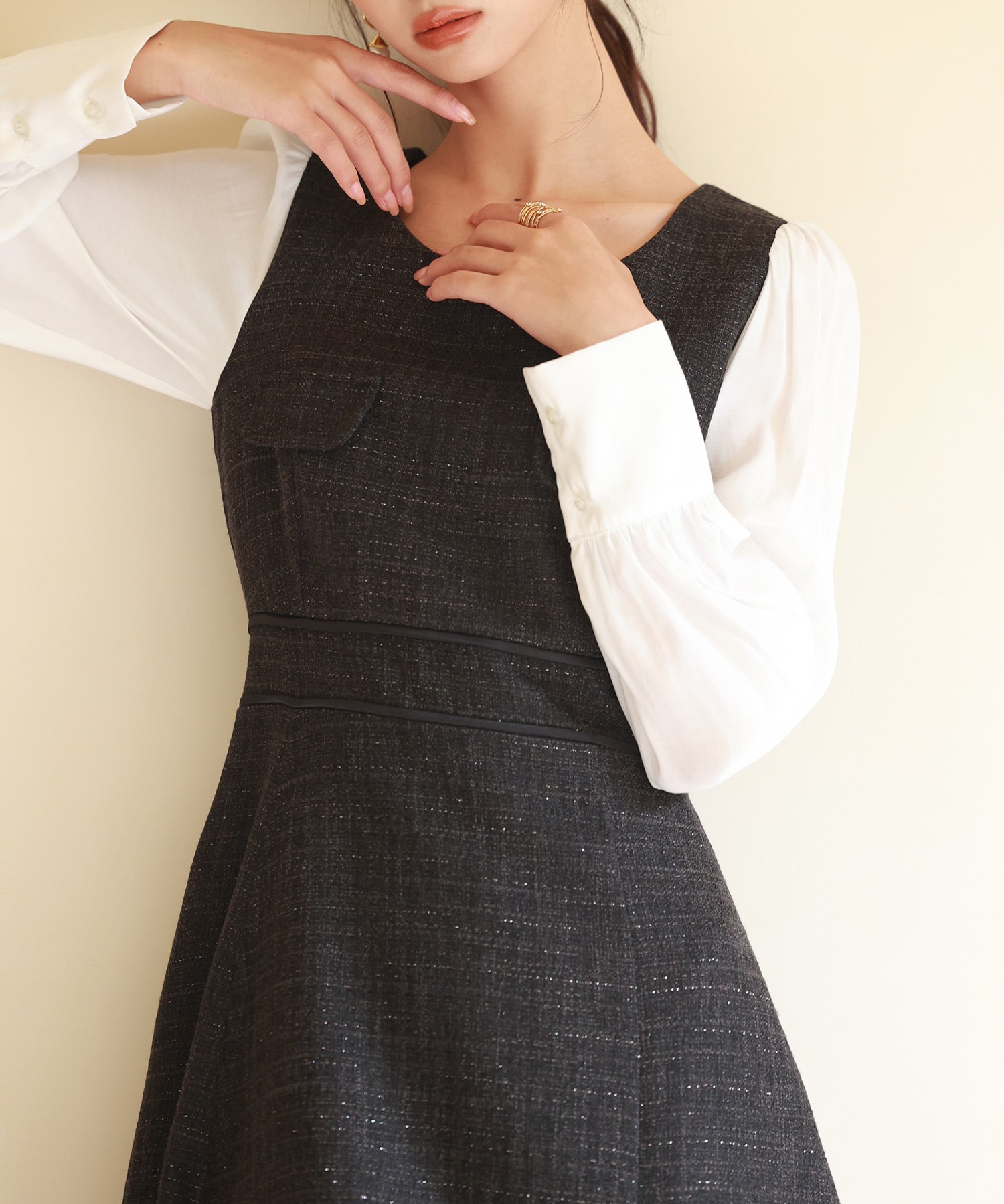 ラメツイードとシャツ袖がドッキングの異素材ワンピースsdp0111 ブラック