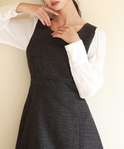 ラメツイードとシャツ袖がドッキングの異素材ワンピースsdp0111 ブラック