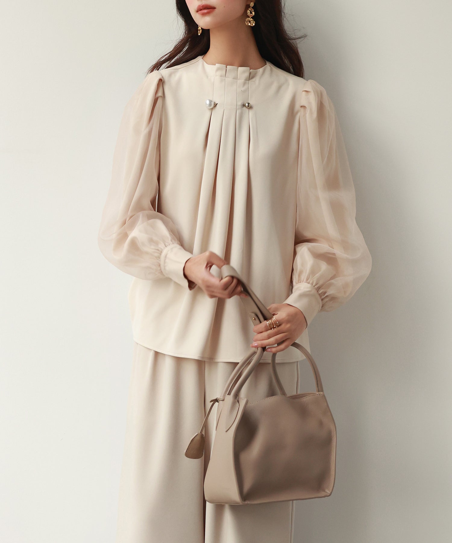 異素材ドッキングフロントタックブラウスsdp0112 ベージュ