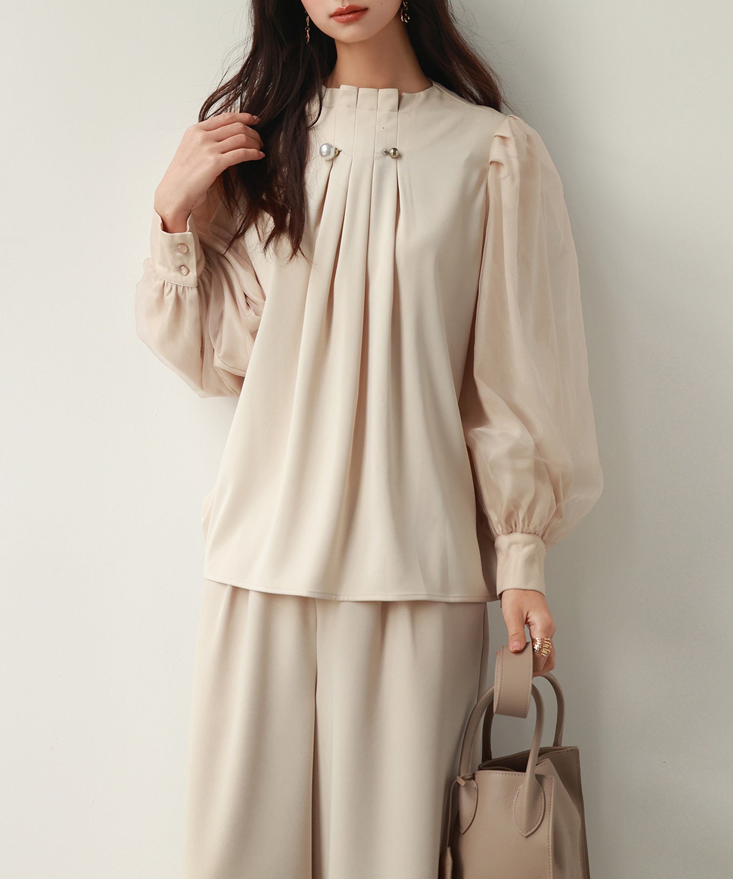 異素材ドッキングフロントタックブラウスsdp0112 ベージュ