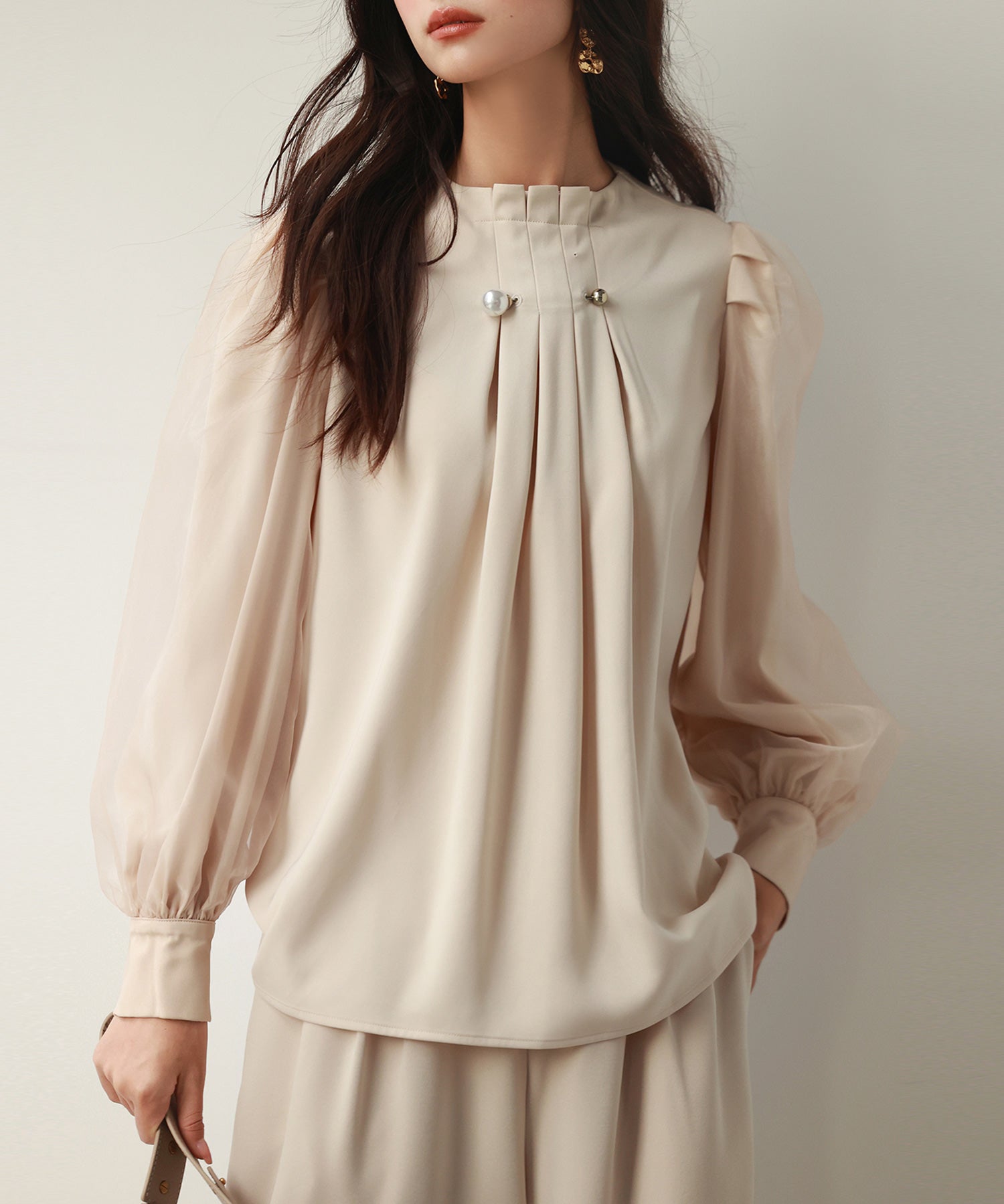 異素材ドッキングフロントタックブラウスsdp0112 ベージュ