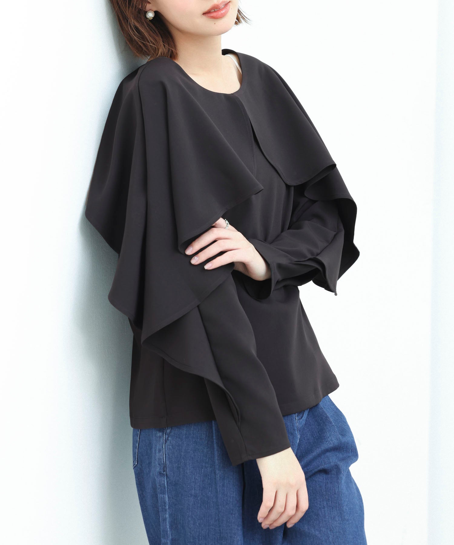 クルーネックケープブラウスsdp0117 ブラック