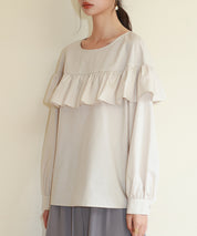 ケープ風フリルクルーネックブラウスsdp0121 ベージュ