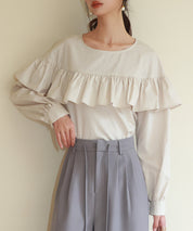ケープ風フリルクルーネックブラウスsdp0121 ベージュ