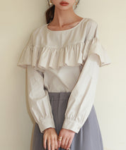 ケープ風フリルクルーネックブラウスsdp0121 ベージュ