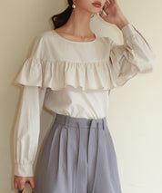 ケープ風フリルクルーネックブラウスsdp0121 ベージュ