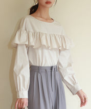 ケープ風フリルクルーネックブラウスsdp0121 ベージュ