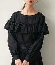 ケープ風フリルクルーネックブラウスsdp0121 ブラック