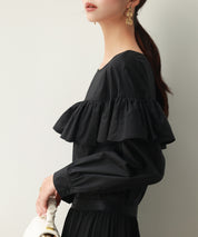 ケープ風フリルクルーネックブラウスsdp0121 ブラック