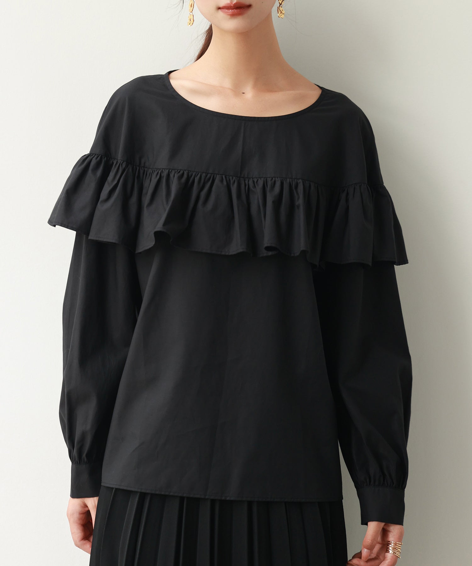 ケープ風フリルクルーネックブラウスsdp0121 ブラック