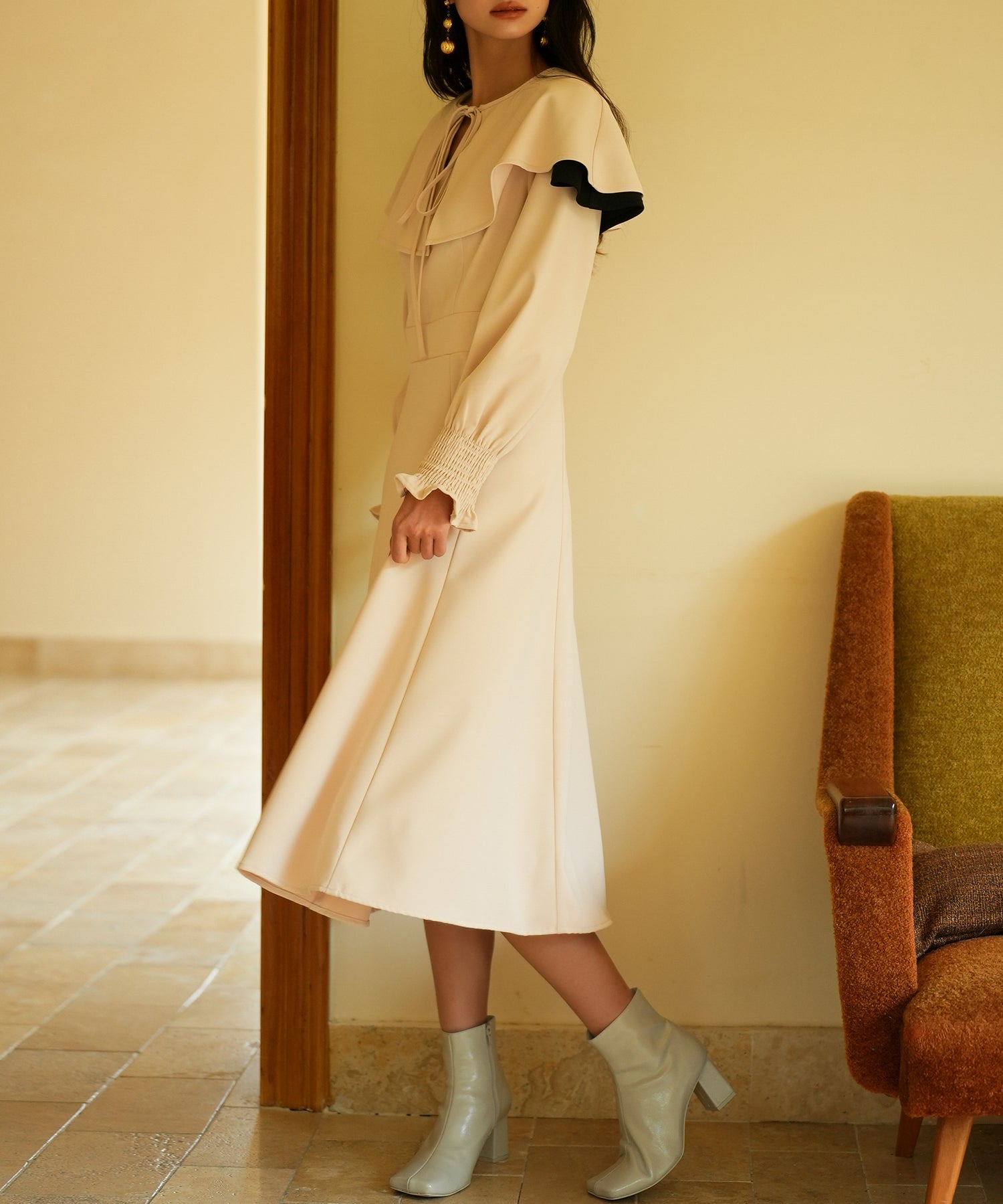 2way配色ケープカラーミモレワンピースsdp0125 ベージュ