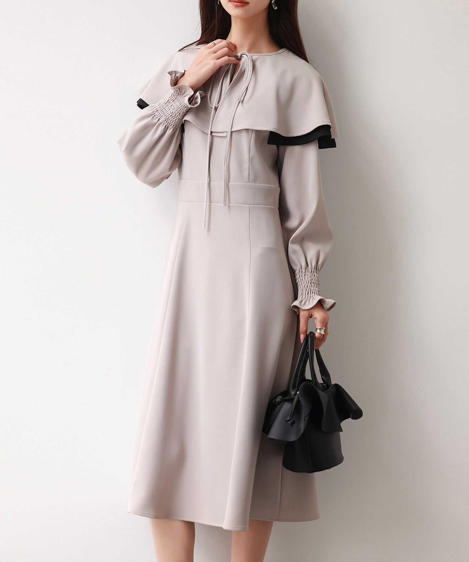 2way配色ケープカラーミモレワンピースsdp0125 サンドベージュ