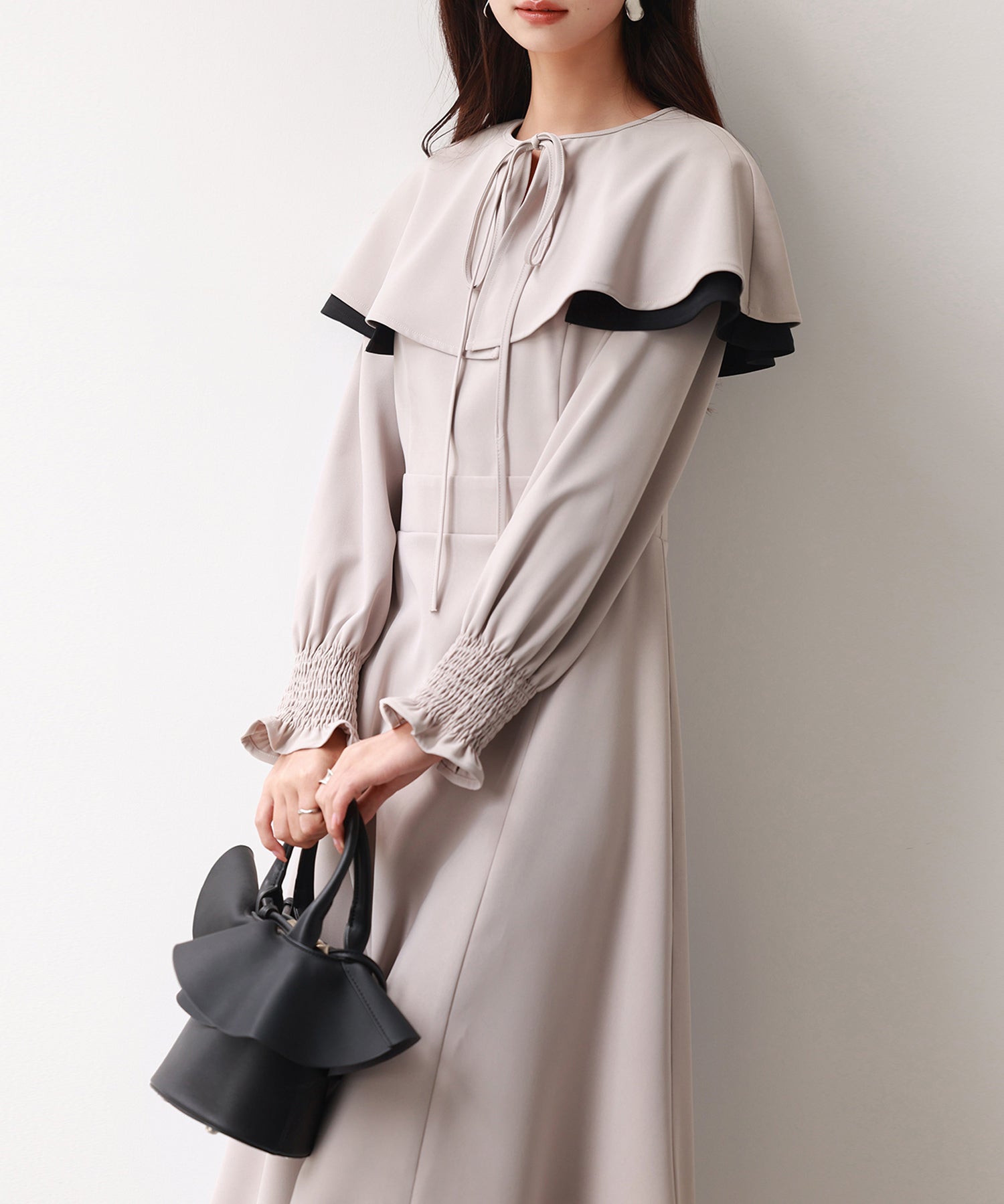 2way配色ケープカラーミモレワンピースsdp0125 サンドベージュ