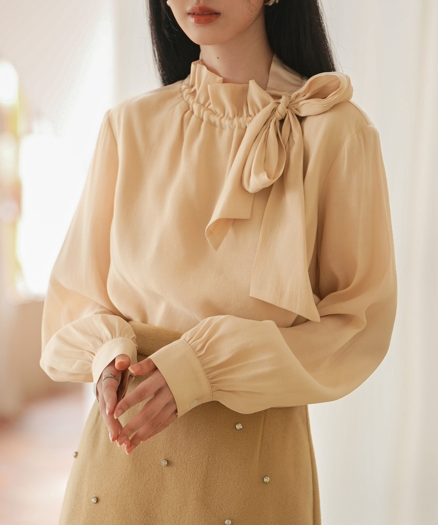 フリルリボンタイワッシャーブラウスsdp0132 ベージュ