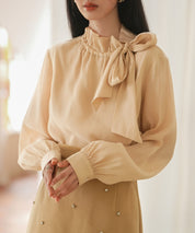 フリルリボンタイワッシャーブラウスsdp0132 ベージュ
