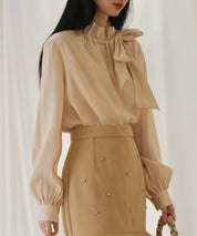 フリルリボンタイワッシャーブラウスsdp0132 ベージュ