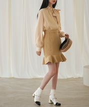 フリルリボンタイワッシャーブラウスsdp0132 ベージュ