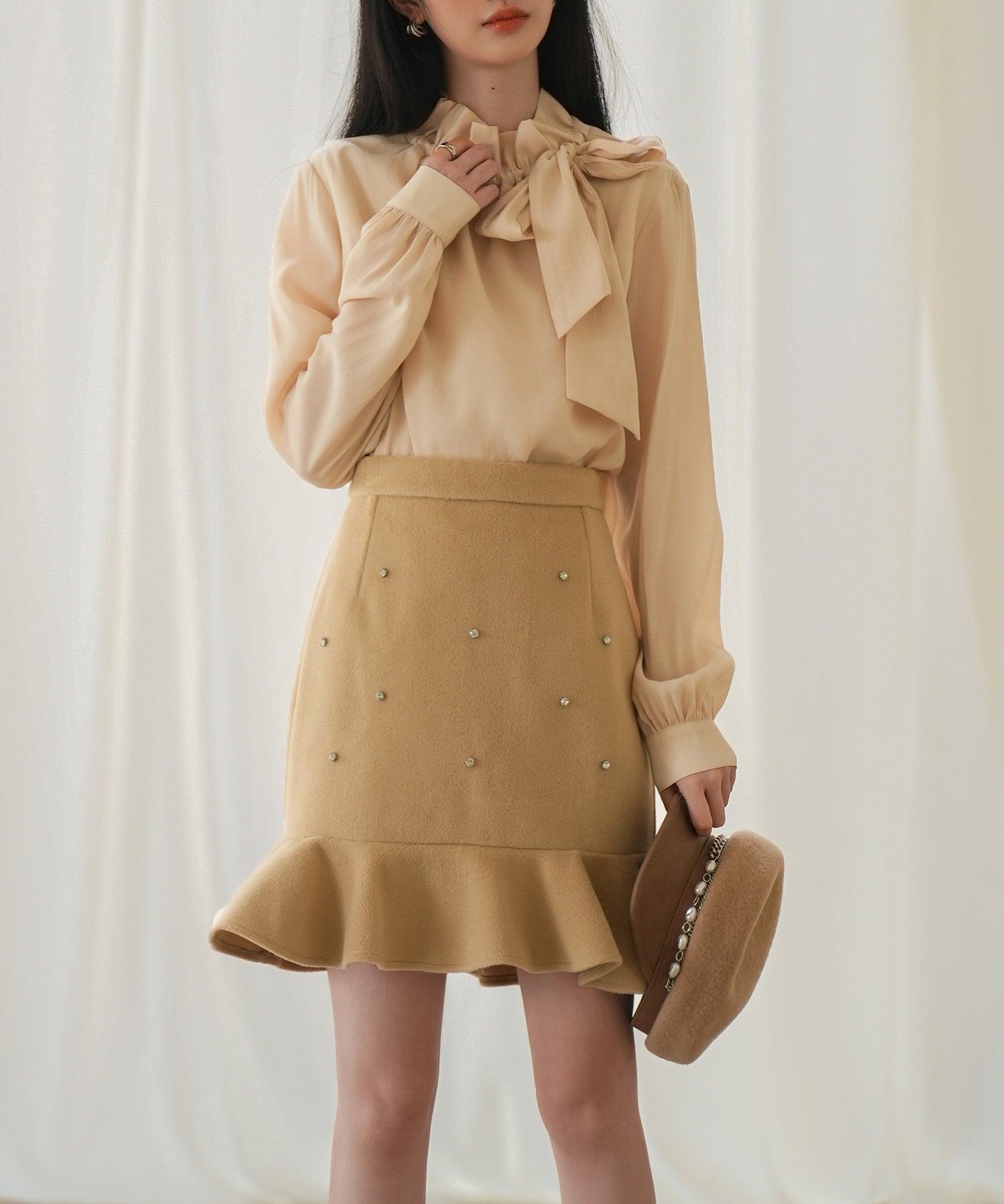 フリルリボンタイワッシャーブラウスsdp0132 ベージュ