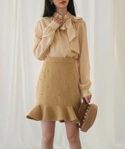 フリルリボンタイワッシャーブラウスsdp0132 ベージュ