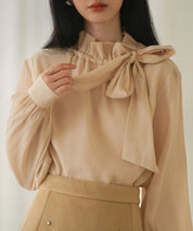 フリルリボンタイワッシャーブラウスsdp0132 ベージュ
