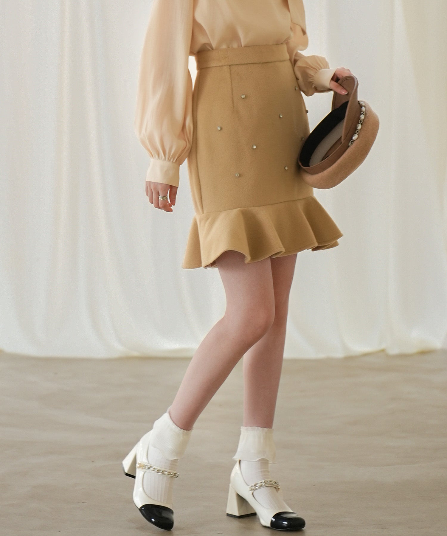 ビジュー付き台形ミニスカートsdp0142 ライトブラウン