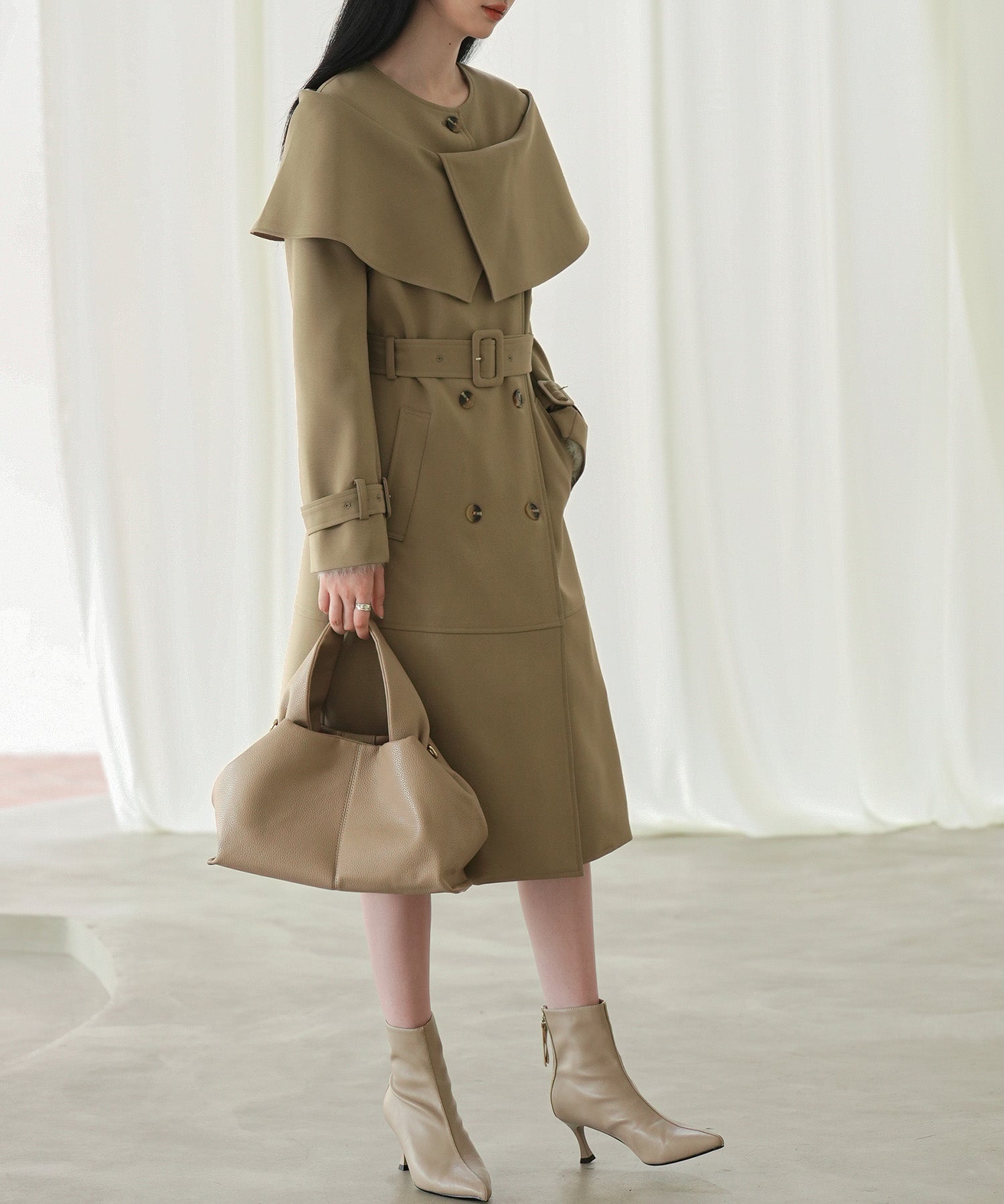 ケープ風ミモレ丈トレンチコートsdp0147 ブラウン