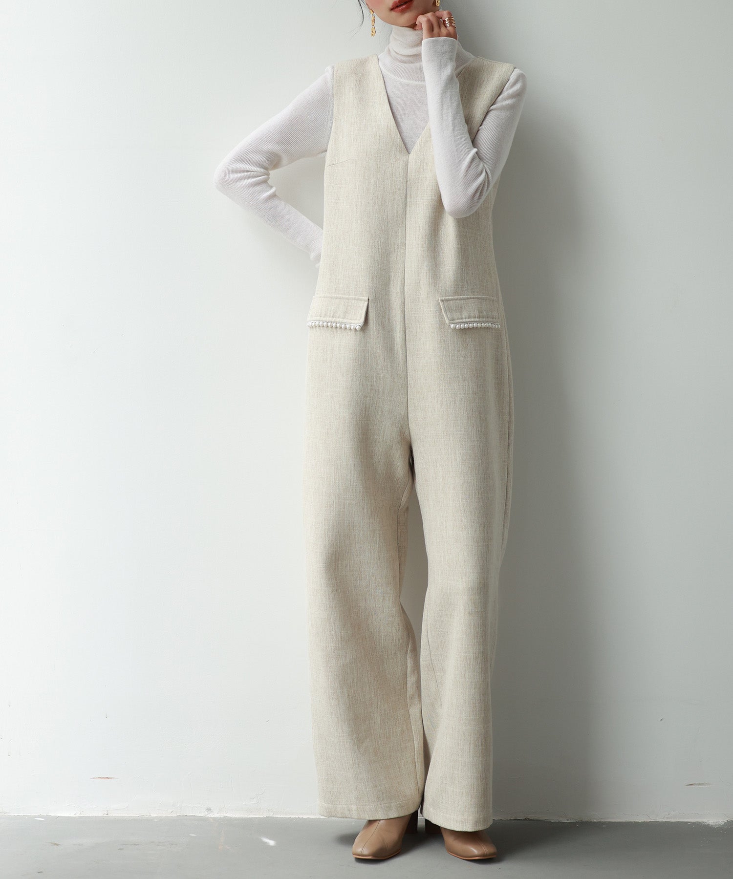 深Vネックツイードオールインワンsdp0150 ベージュ