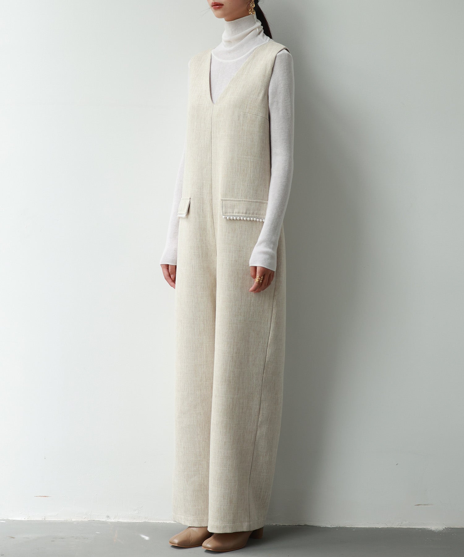 深Vネックツイードオールインワンsdp0150 ベージュ