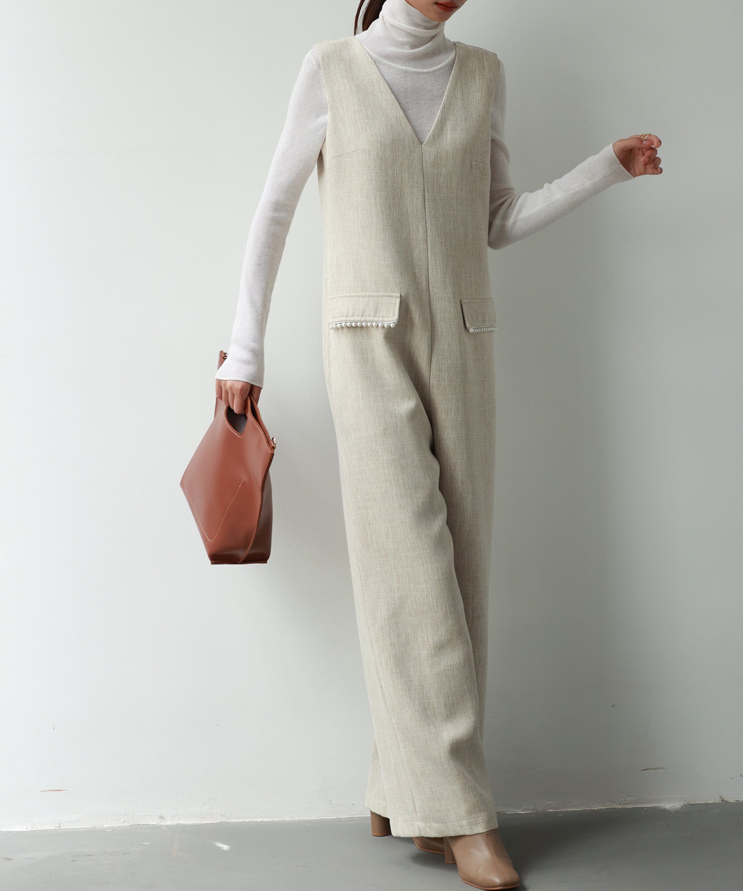 深Vネックツイードオールインワンsdp0150 ベージュ