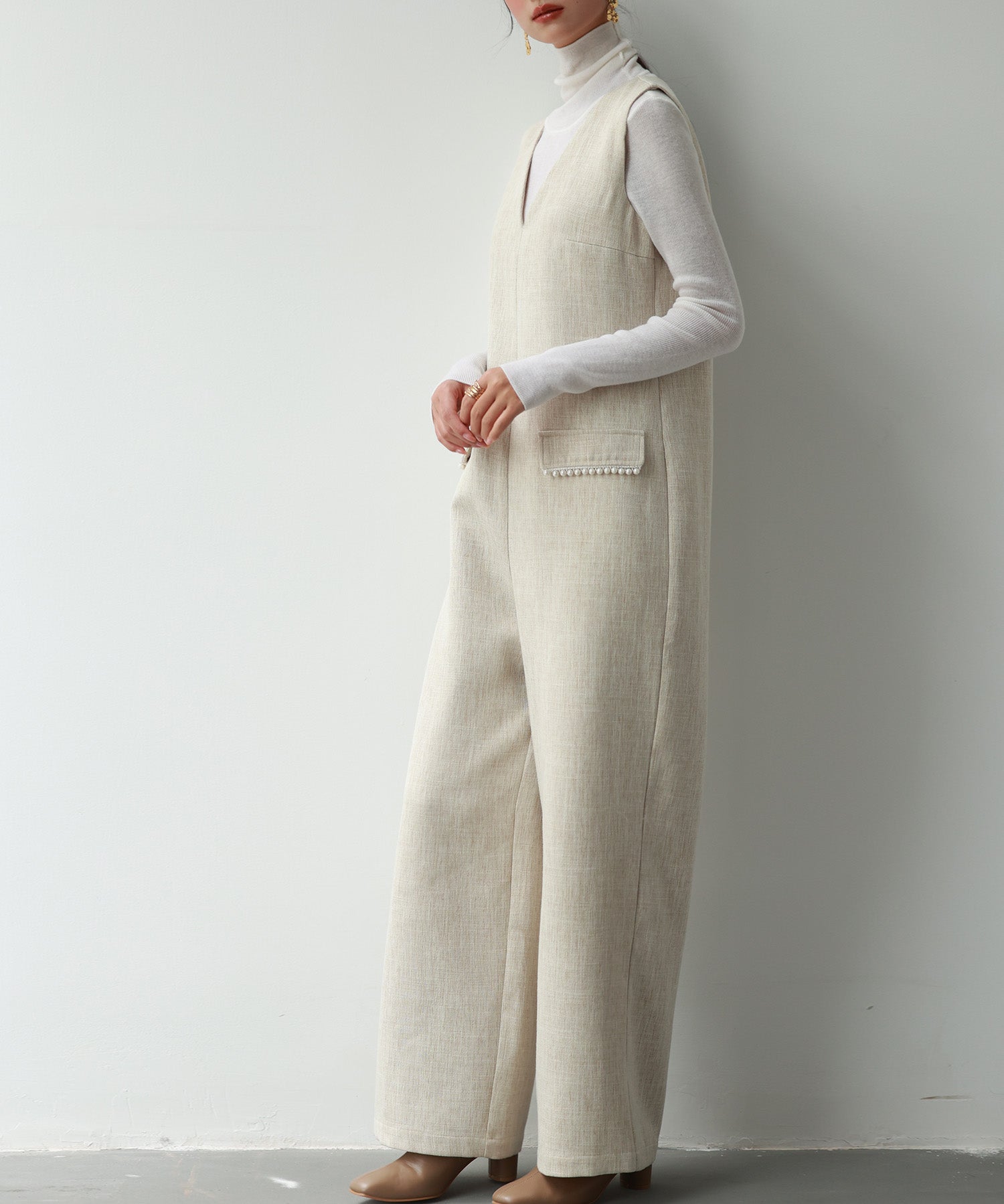 深Vネックツイードオールインワンsdp0150 ベージュ